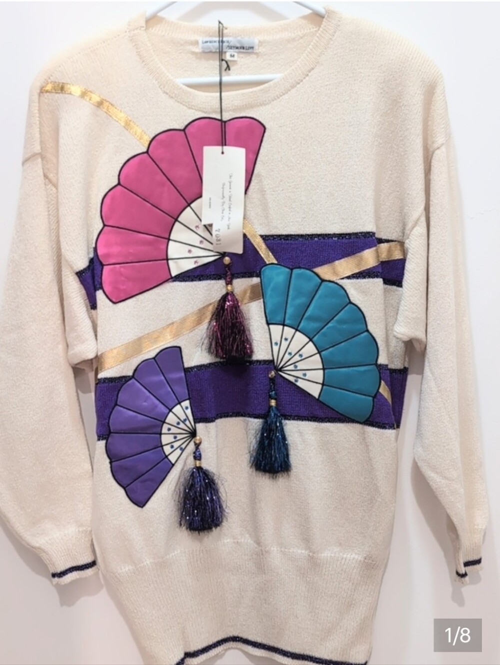 RareVINTAGE Lawrence Rich Cream New York Sweater with Colorful Fan Design M New